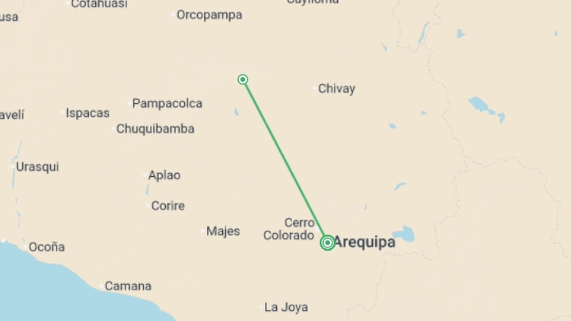A map showing the tour itinerary for the trip: 2-Day Colca Canyon Trek - Private Room - Transp/Guide, starting in Arequipa, Peru and ending in Arequipa, Peru going through 1 other destinations.