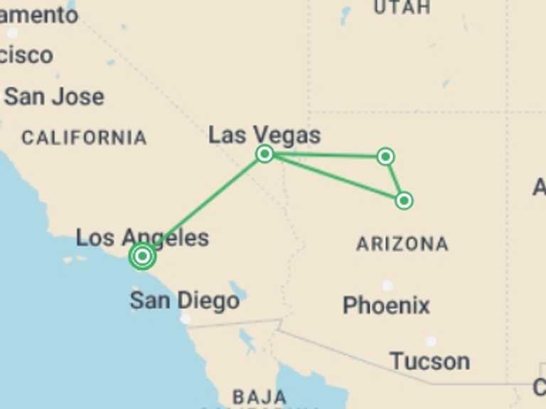 Map itinerary of Los Angeles Tour in December 2025 with 3 destination visits for the trip: Los Angeles, Las Vegas, and the Grand Canyon, Ending in LAX