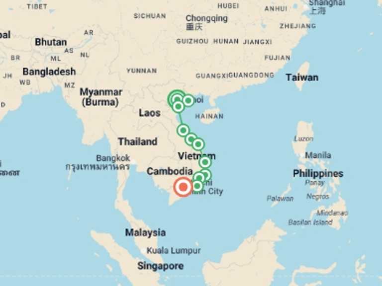 Map of Asia Tour with 12 destination visits for the trip: Vietnam by Train: Hidden Gems & Heritage Discovery Tour