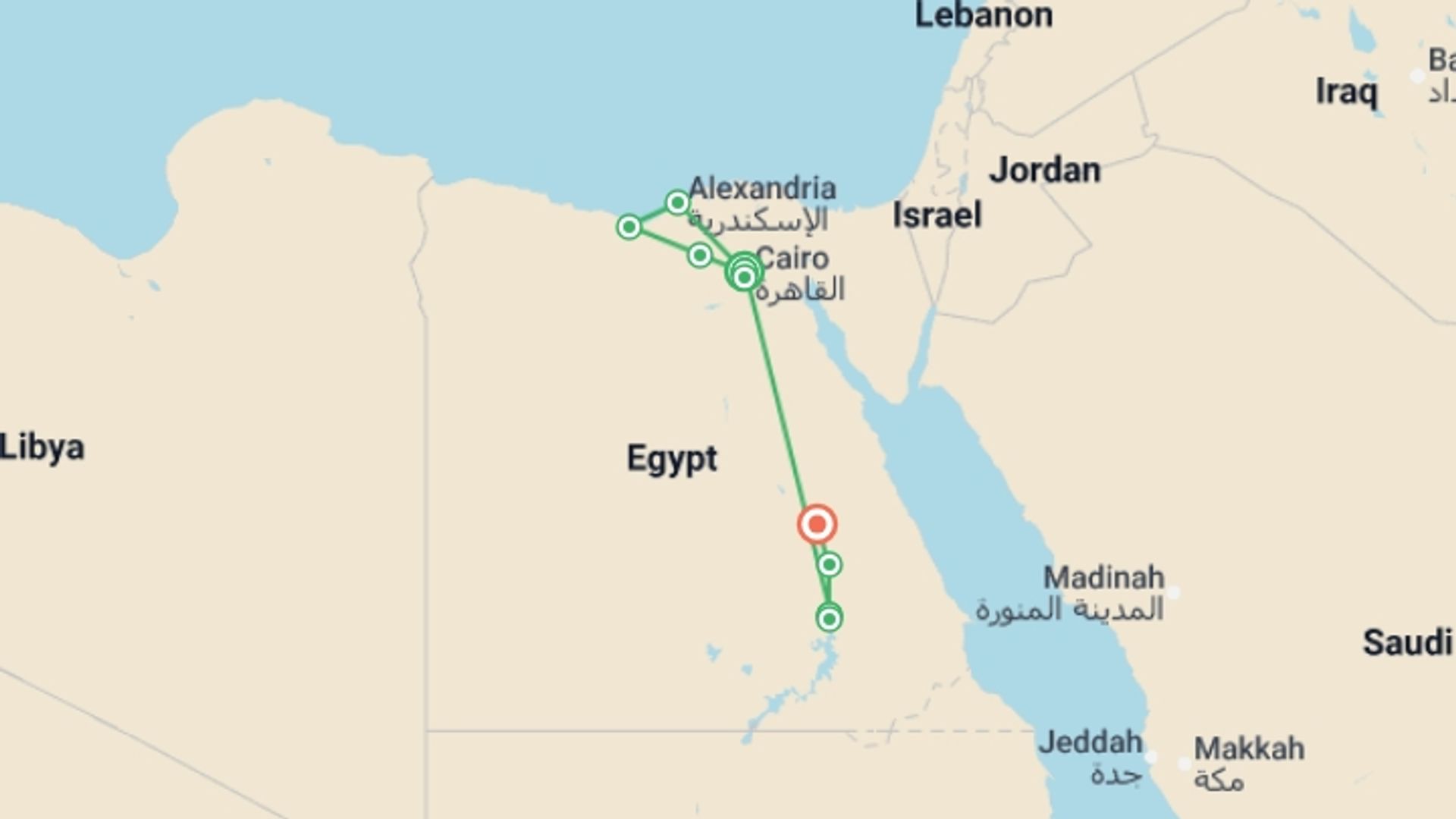 A map showing the tour itinerary for the trip: Egypt: Alexandria to Aswan, starting in Cairo, Egypt and ending in Luxor, Egypt going through 4 other destinations.