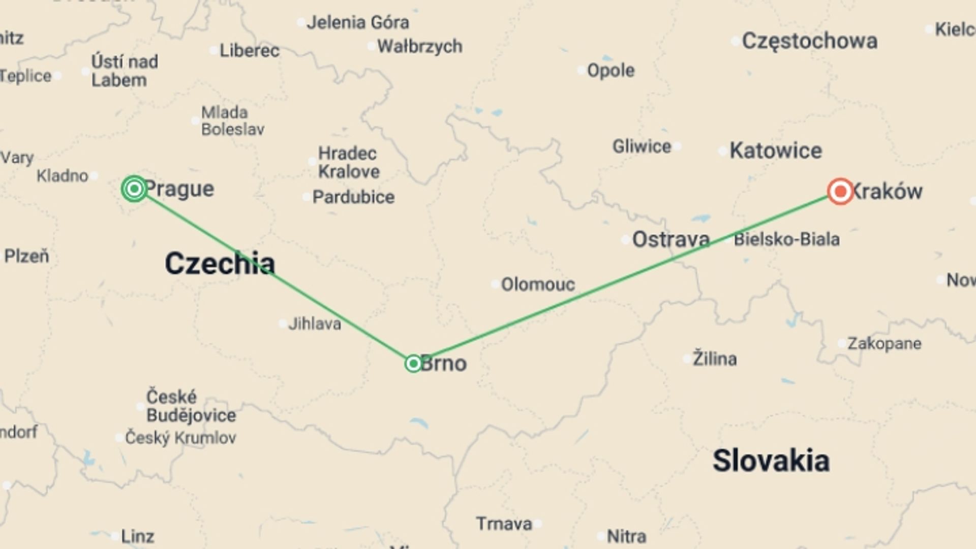 A map showing the tour itinerary for the trip: Charms of Bohemia and Moravia ending Krakow, starting in Prague, Czech Republic and ending in Krakow, Poland going through 1 other destinations.