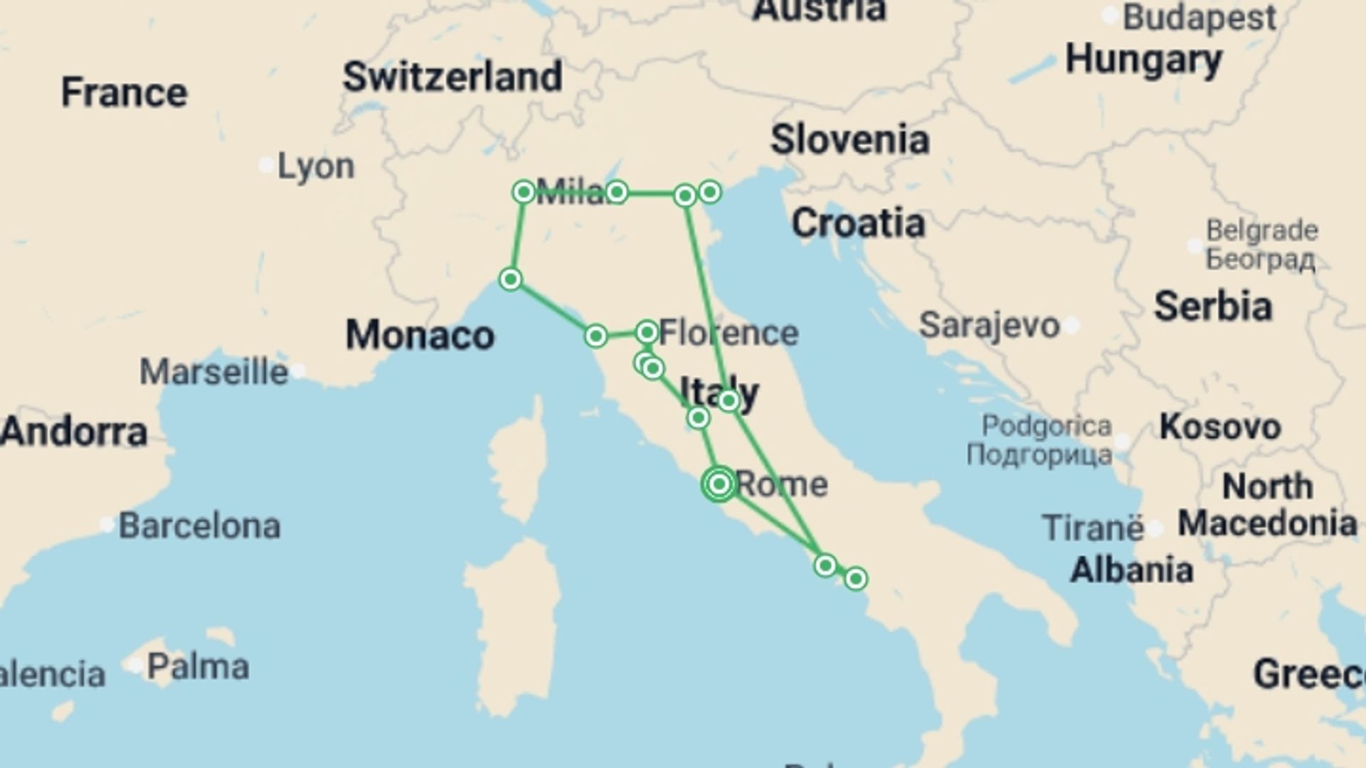 A map showing the tour itinerary for the trip: Amazing Italy, starting in Rome, Italy and ending in Rome, Italy going through 10 other destinations.