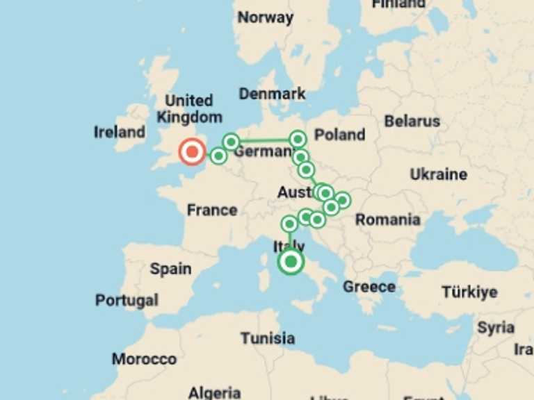 Map itinerary of Europe Tour in May 2026 with 10 destination visits for the trip: Best of Eastern Europe