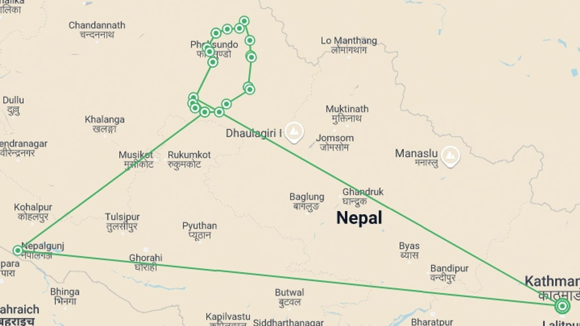 A map showing the tour itinerary for the trip: Upper Dolpo (Dolpa) Trek, starting in Kathmandu, Nepal and ending in Kathmandu, Nepal going through 20 other destinations.
