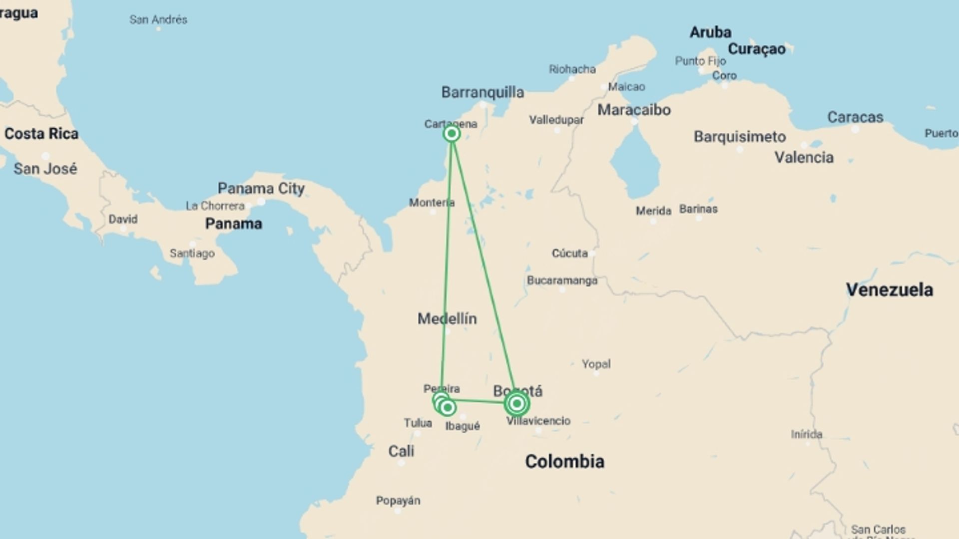 A map showing the tour itinerary for the trip: Colombian Sunny Short-Break, starting in Bogota, Colombia and ending in Bogota, Colombia going through 5 other destinations.