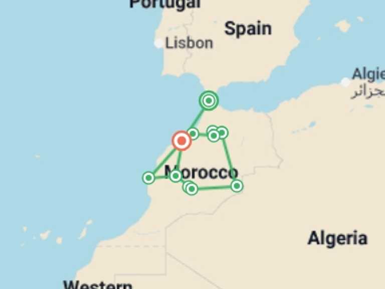 Map of Mediterranean Tour with 8 destination visits for the trip: Casablanca to Essaouira from Tangier - 14 days