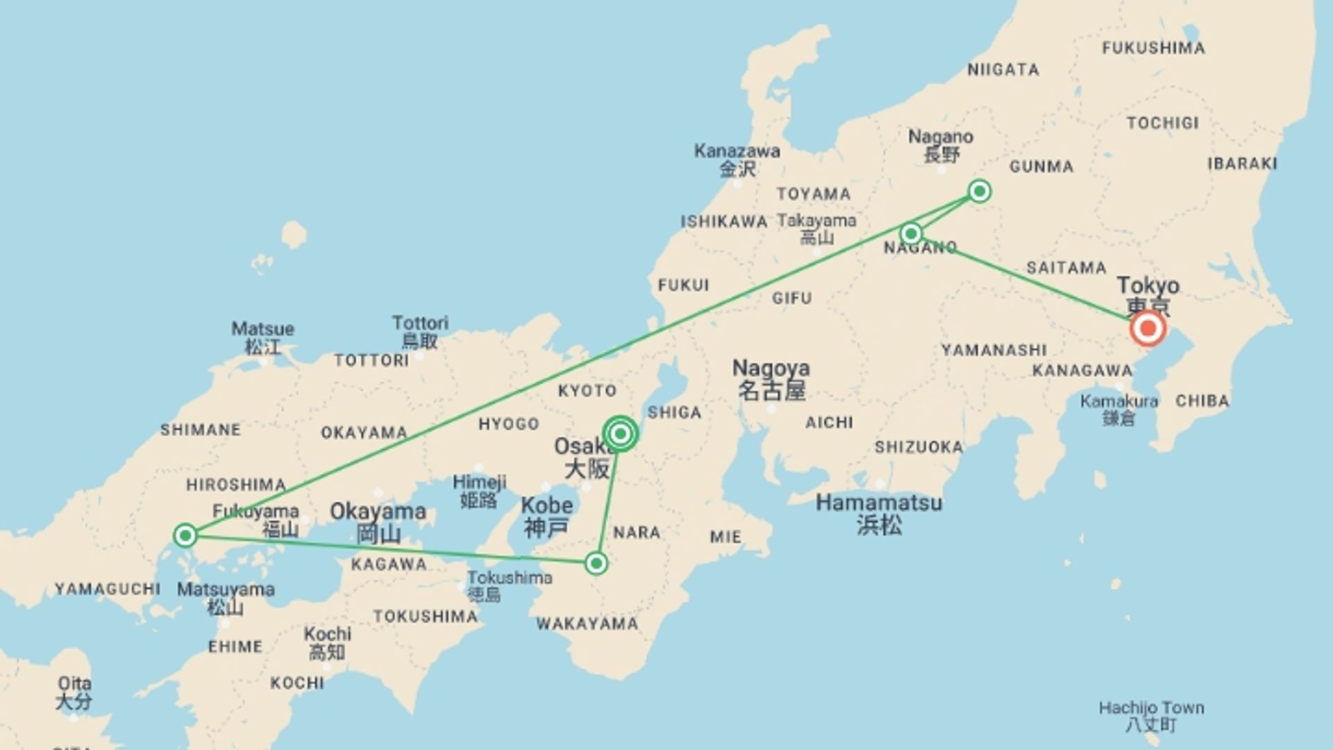 A map showing the tour itinerary for the trip: Classic Japan, starting in Kyoto, Japan and ending in Tokyo, Japan going through 4 other destinations.