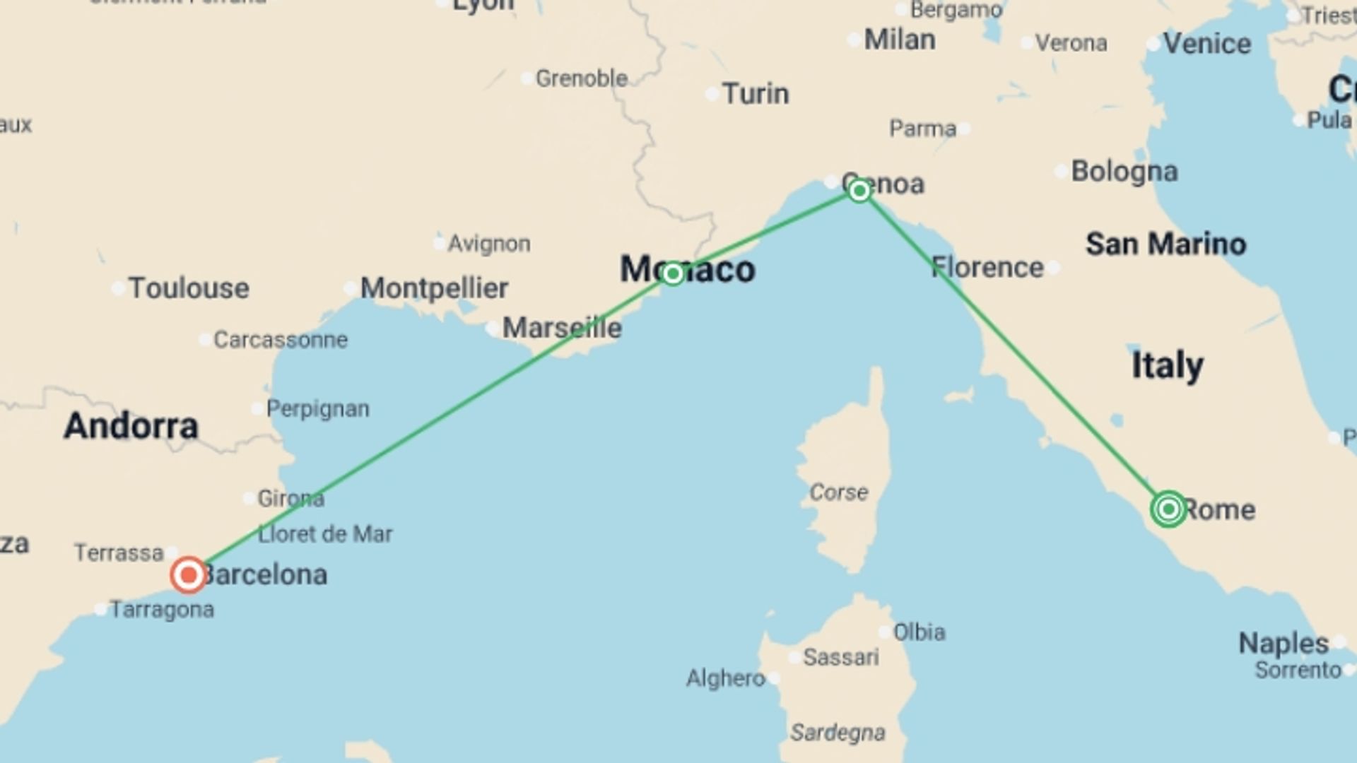 A map showing the tour itinerary for the trip: Mediterranean Express: Rivieras & Railroads, starting in Rome, Italy and ending in Barcelona, Spain going through 2 other destinations.