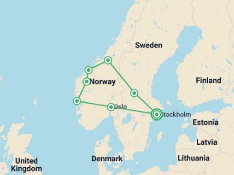 Map of Northern Europe City sightseeing Tour with 7 destination visits for the trip: Legendary Fjords End Stockholm