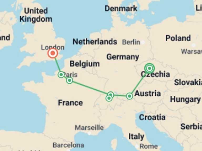 Map of London Sightseeing Tour with 3 destination visits for the trip: Great European Cities