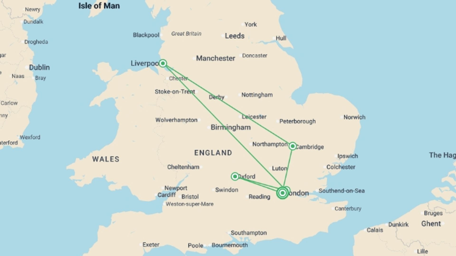 A map showing the tour itinerary for the trip: Essential England with London, starting in London, England and ending in London, England going through 1 other destinations.