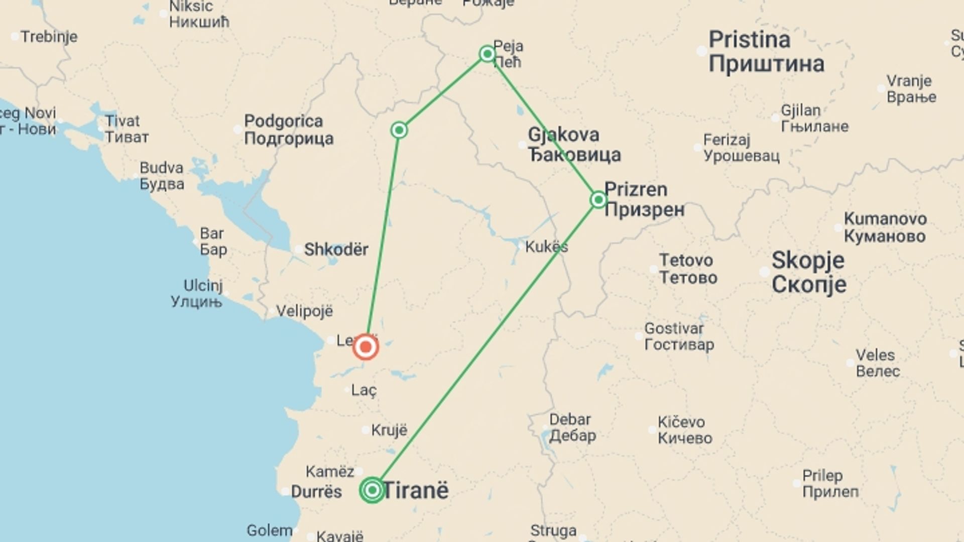A map showing the tour itinerary for the trip: Discover North Albania & Kosovo, starting in Tirana, Albania and ending in Rubik, Rubik going through 3 other destinations.