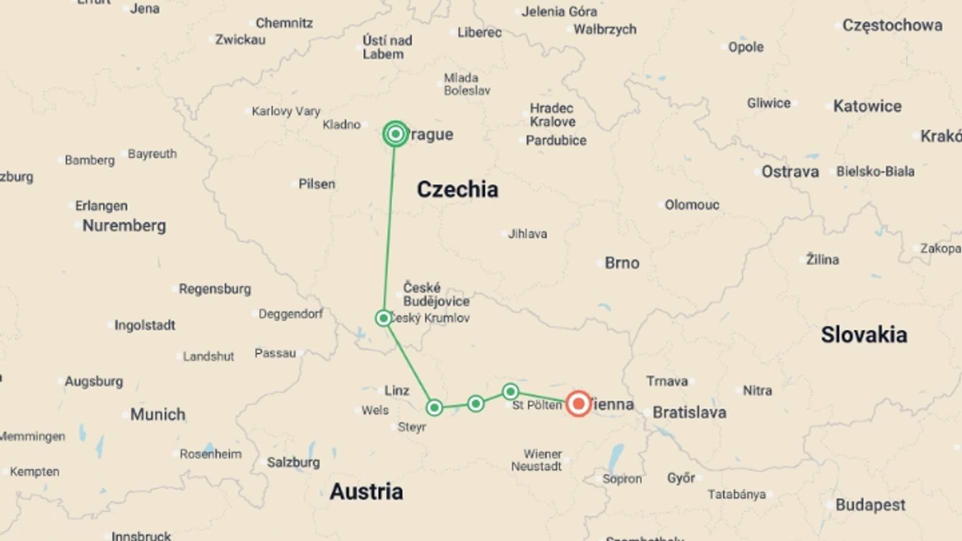 A map showing the tour itinerary for the trip: Cycle Prague to Vienna, starting in Prague, Czech Republic and ending in Vienna, Austria going through 4 other destinations.