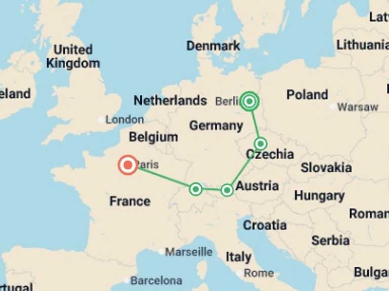 Map itinerary of Europe Tour in July 2026 with 5 destination visits for the trip: Magnificent Four GO