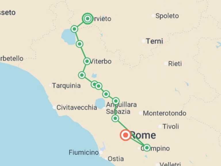 Map itinerary of Europe Tour in June 2026 with 10 destination visits for the trip: Via Francigena: Orvieto to Rome