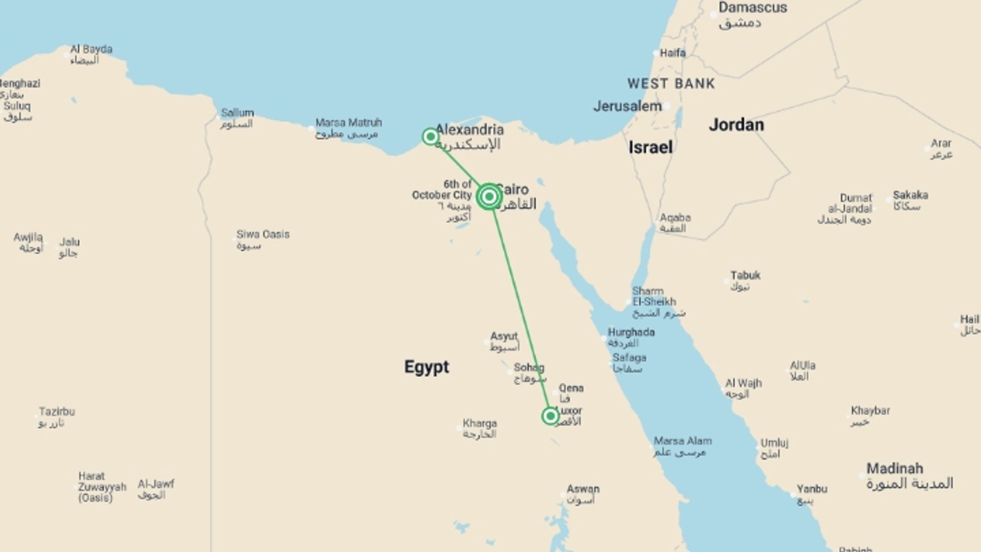 A map showing the tour itinerary for the trip: Biblical Cairo & Alexandria - 6 days, starting in Cairo, Egypt and ending in Cairo, Egypt going through 2 other destinations.