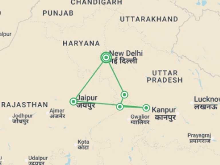 Map itinerary of Asia Tour in February 2027 with 5 destination visits for the trip: Upgraded - Highlights of Northern India