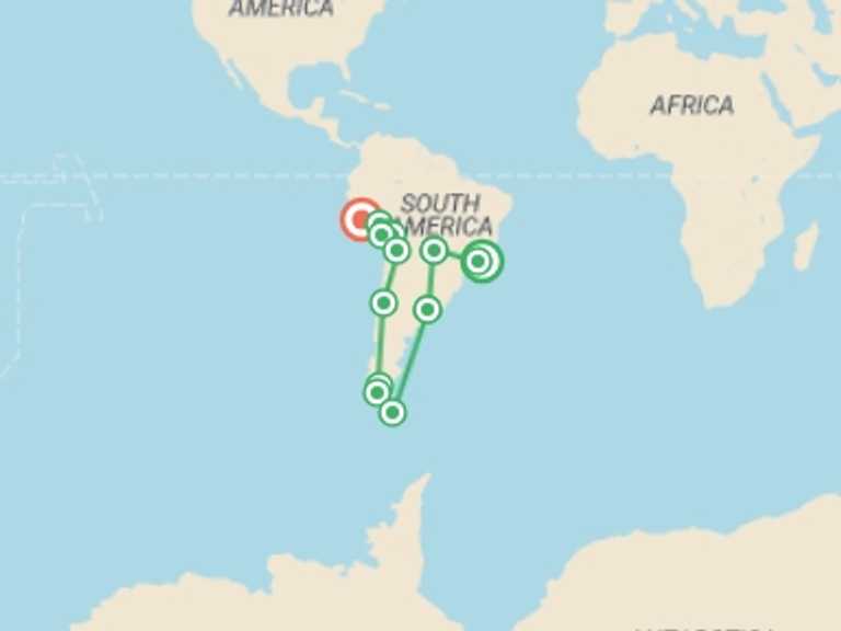 Map itinerary of Africa Tour in February 2027 with 15 destination visits for the trip: RIO to LIMA (97 days) Kingdoms & Carnivals