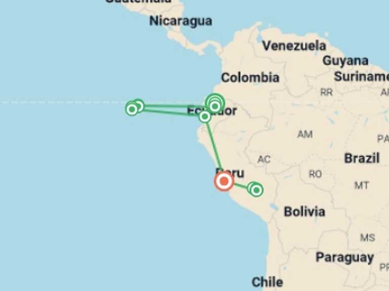 Map itinerary of Lima Tour in July 2027 with 11 destination visits for the trip: 14 Day Trip: Galapagos & Machu Picchu
