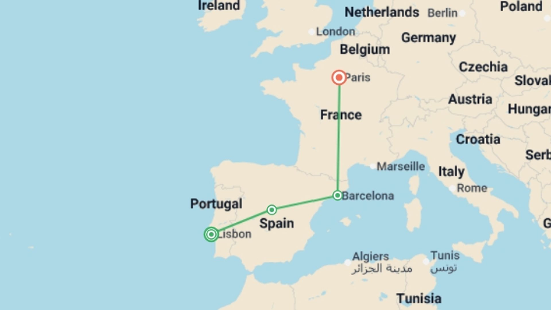 A map showing the tour itinerary for the trip: From Lisbon to Paris, starting in Lisbon, Portugal and ending in Paris, France going through 2 other destinations.