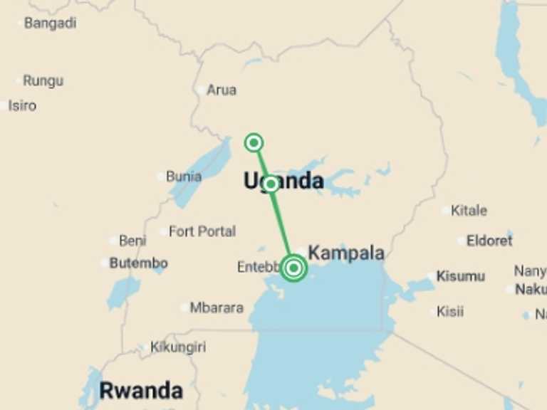 Map itinerary of East Africa Tour in May 2027 with 4 destination visits for the trip: 5-Day Big 5 Safari to Murchison and Chimpanzee Tracking