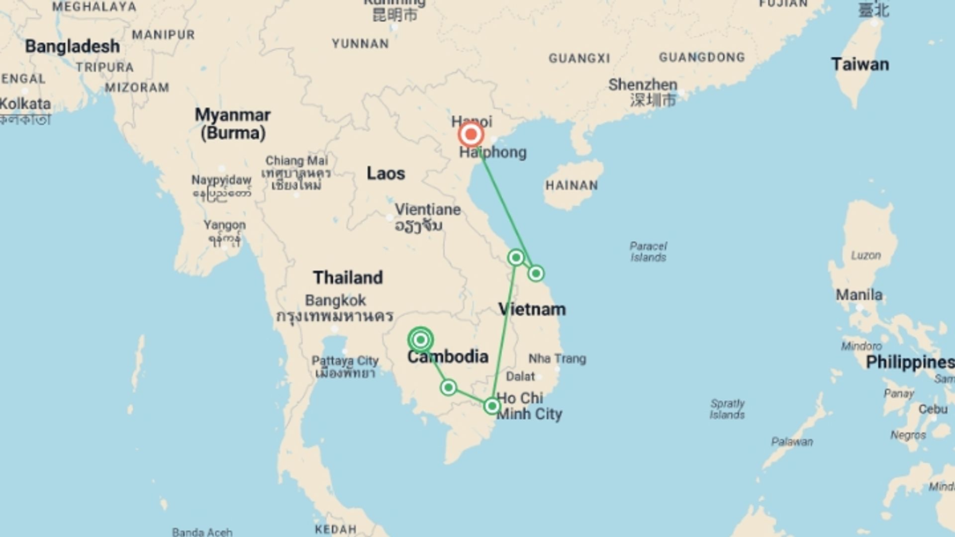 A map showing the tour itinerary for the trip: The Best of Cambodia and Vietnam in 14 Days, starting in Siem Reap, Cambodia and ending in Hanoi, Vietnam going through 5 other destinations.