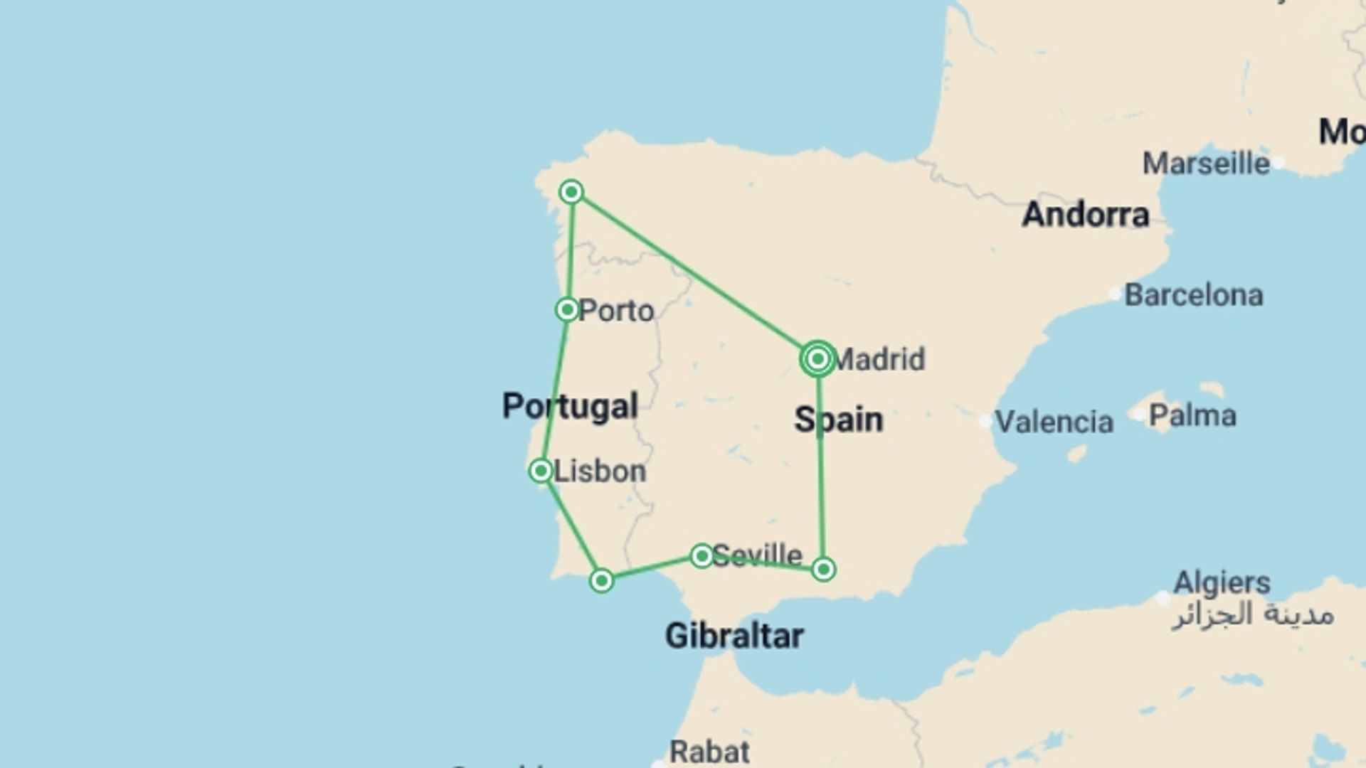 A map showing the tour itinerary for the trip: Explore Spain & Portugal, starting in Madrid, Spain and ending in Madrid, Spain going through 7 other destinations.