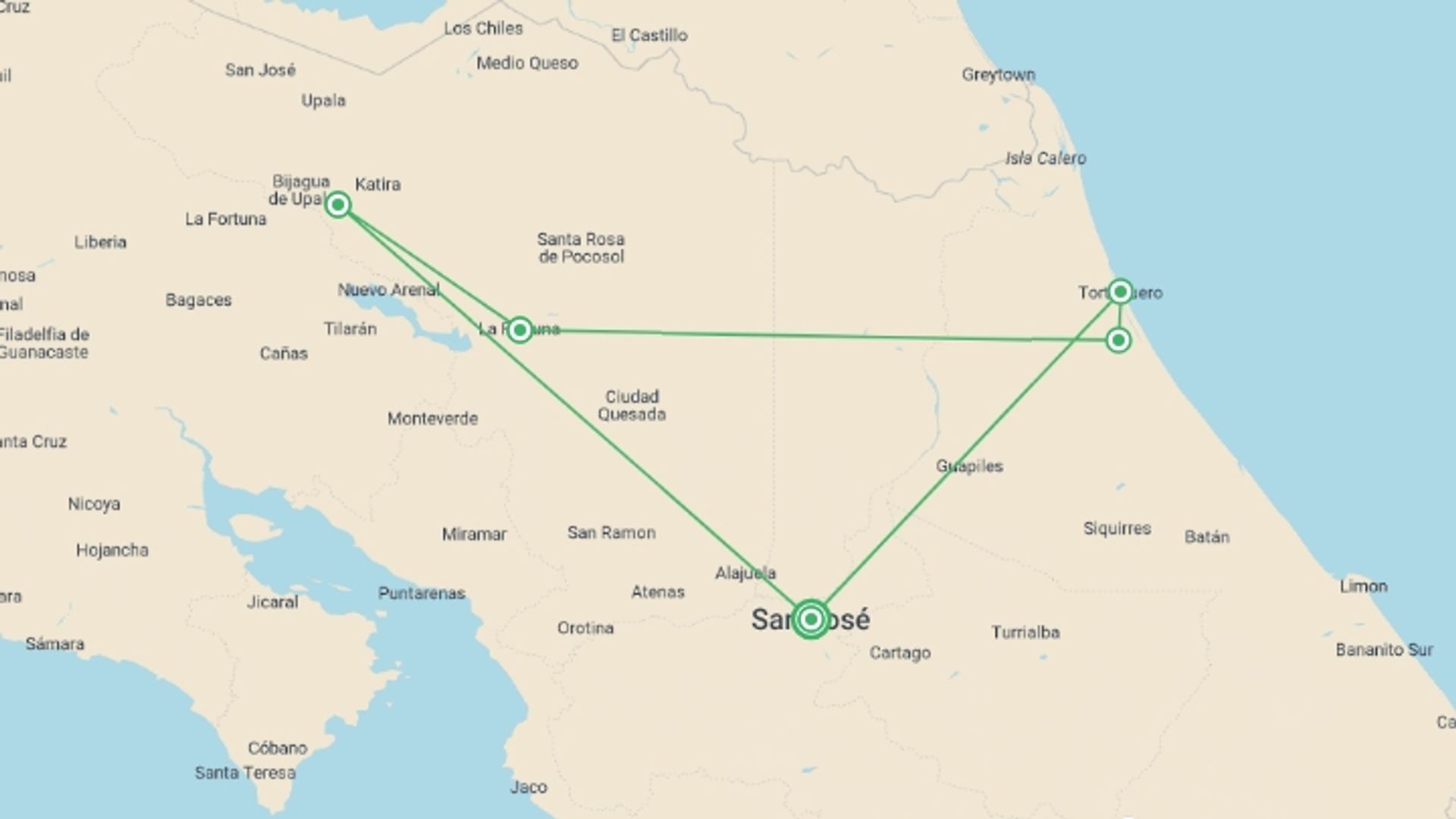A map showing the tour itinerary for the trip: Costa Rica: Tortuguero, La Fortuna & Rio Celeste, starting in San Jose, Costa Rica and ending in San Jose, Costa Rica going through 3 other destinations.