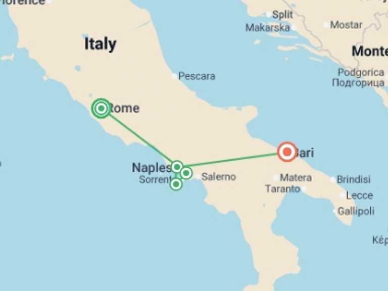 Map of Rome Explorer Tour with 6 destination visits for the trip: Italy’s Southern Charm: Rome to Puglia