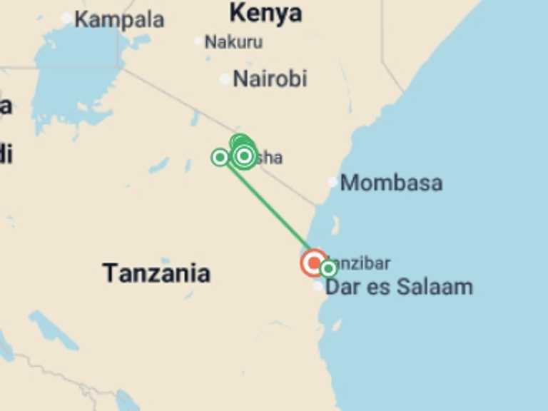 Map itinerary of Africa Tour in Fall with 12 destination visits for the trip: Tanzania: Kilimanjaro's Lemosho Route & Zanzibar Beaches