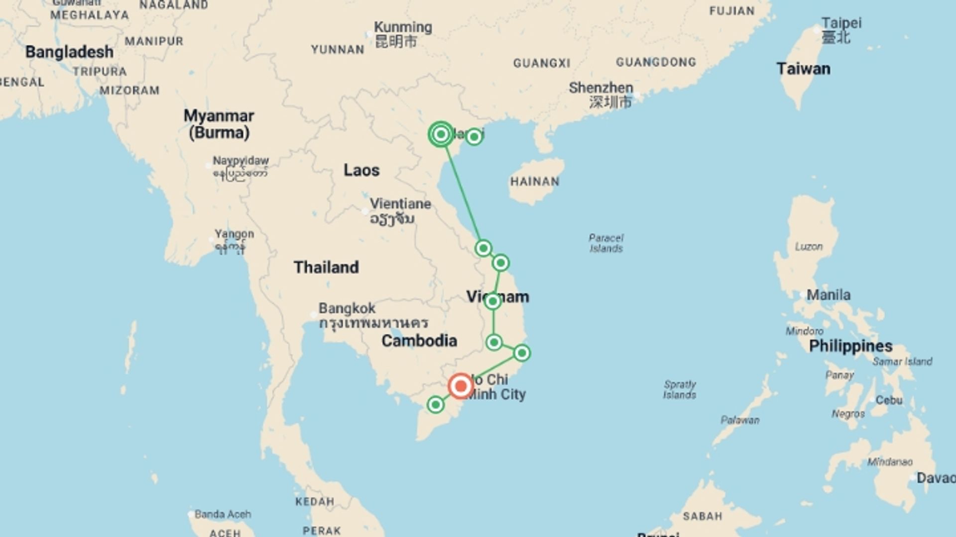 A map showing the tour itinerary for the trip: Vietnam Explorer, starting in Hanoi, Vietnam and ending in Ho Chi Minh City, Vietnam going through 7 other destinations.