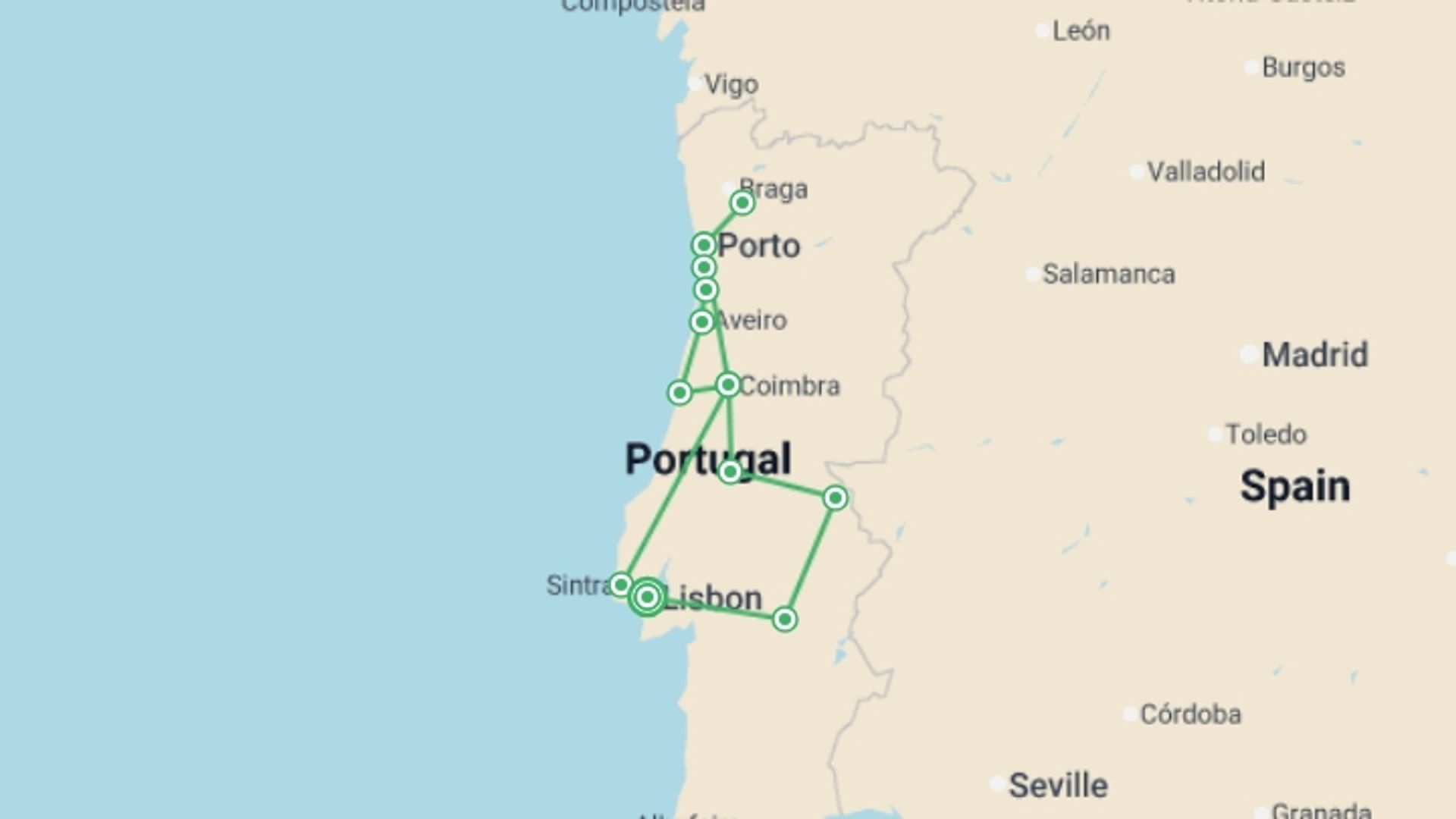 A map showing the tour itinerary for the trip: Portugal Discovery, Self-drive, starting in Lisbon, Portugal and ending in Lisbon, Portugal going through 3 other destinations.