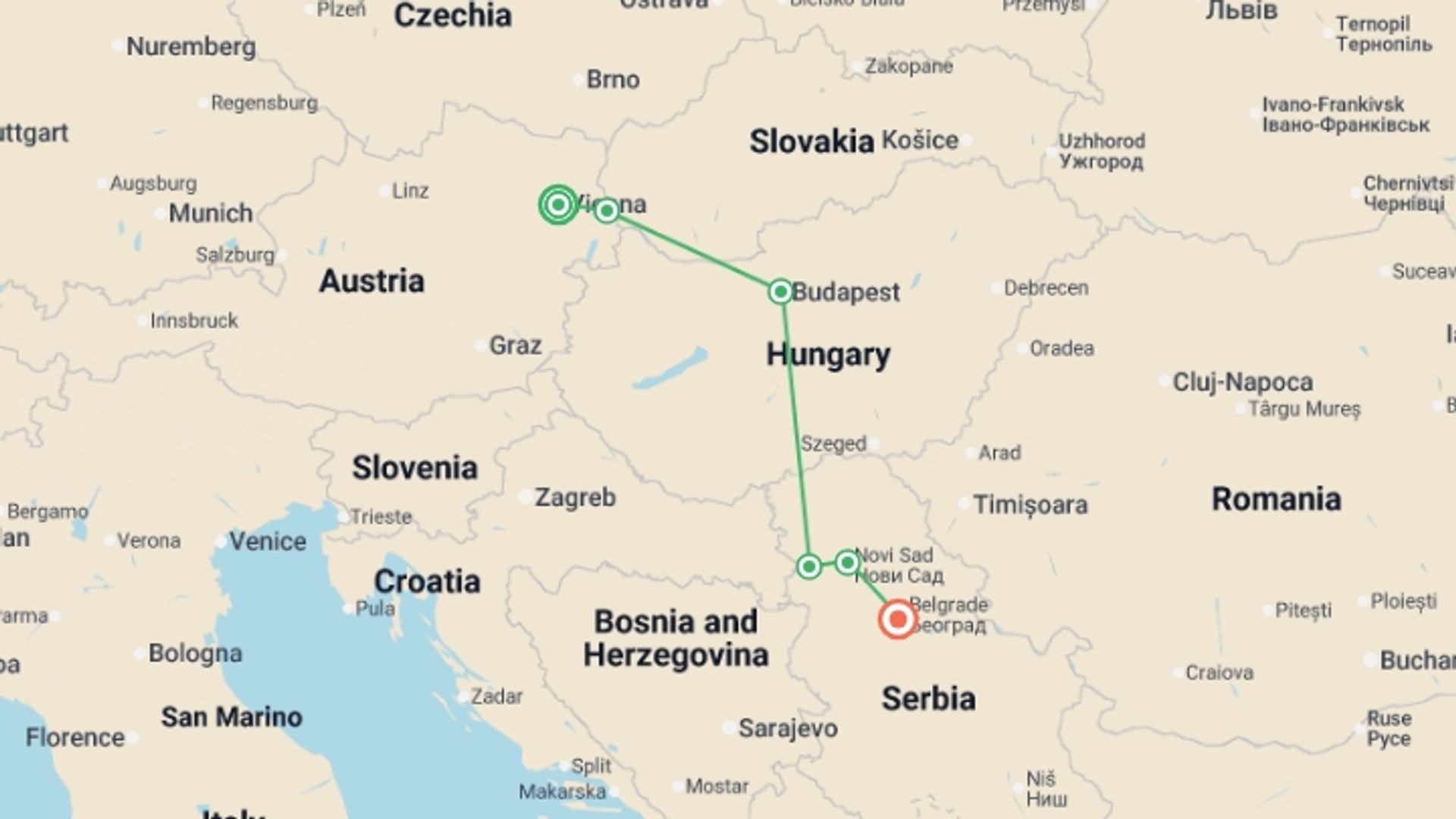 A map showing the tour itinerary for the trip: Vienna & Capital Cities of the Danube (2027), starting in Vienna, Austria and ending in Belgrade, Serbia going through 0 other destinations.