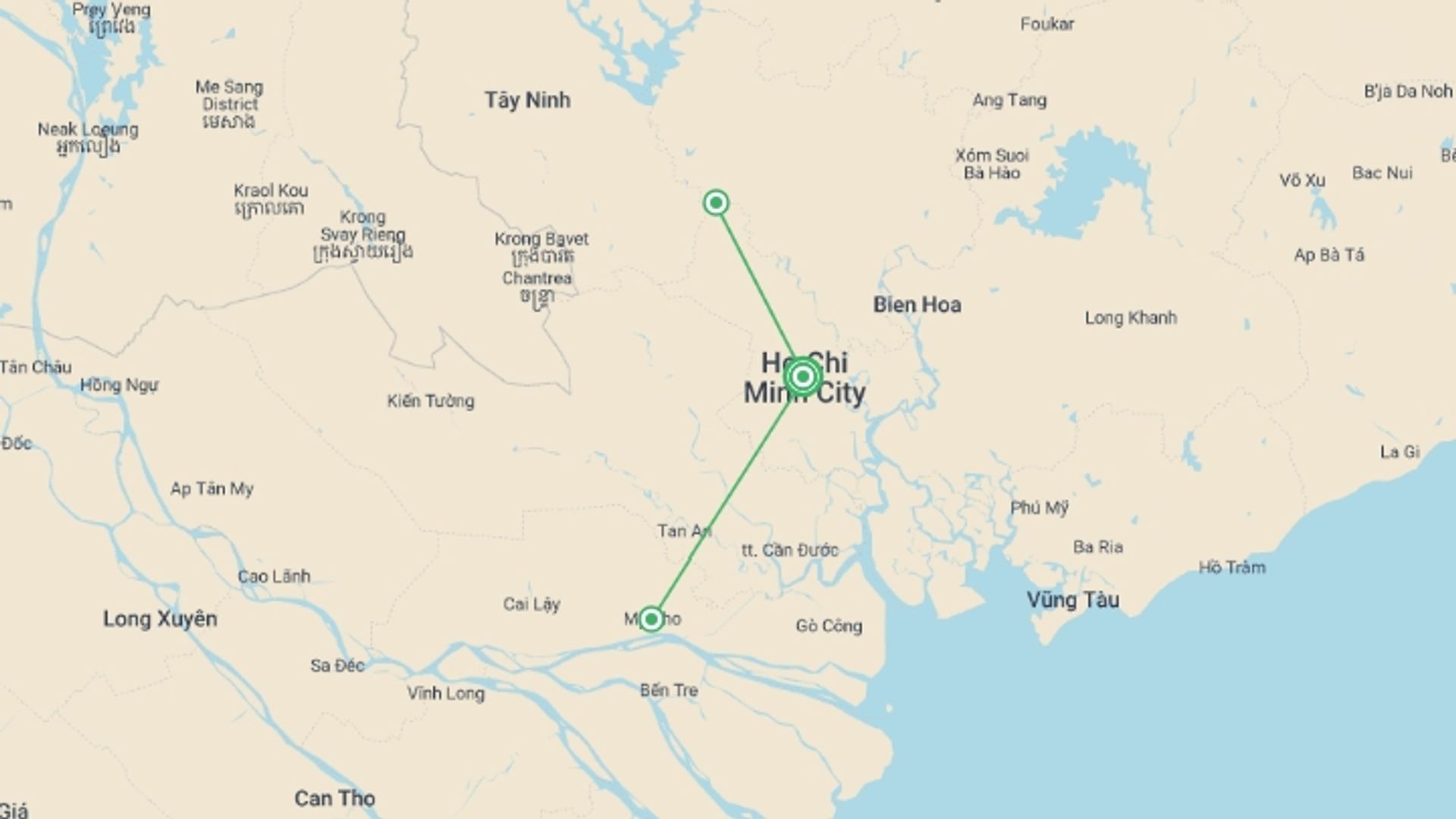 A map showing the tour itinerary for the trip: Untouched Mekong Delta 5 Days 4 Nights, starting in Ho Chi Minh City, Vietnam and ending in Ho Chi Minh City, Vietnam going through 0 other destinations.