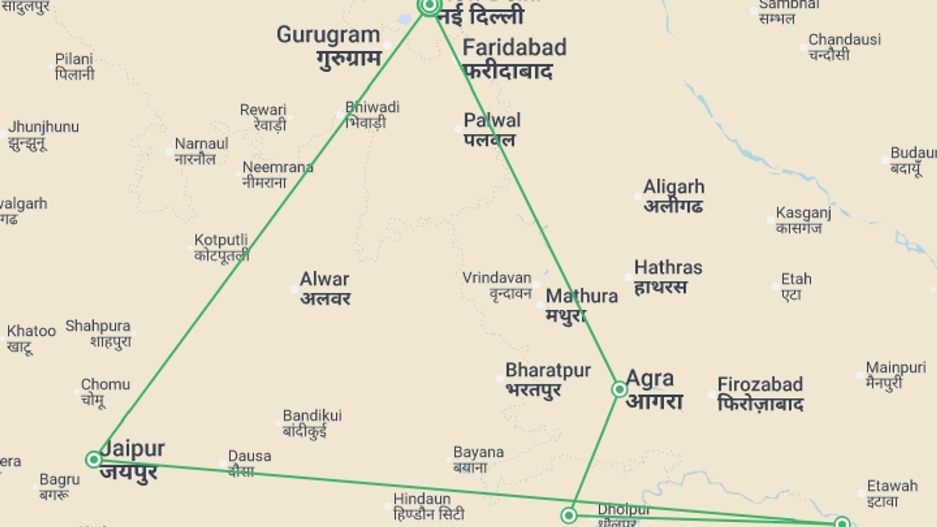 A map showing the tour itinerary for the trip: Upgraded - Highlights of Northern India, starting in New Delhi, India and ending in New Delhi, India going through 4 other destinations.