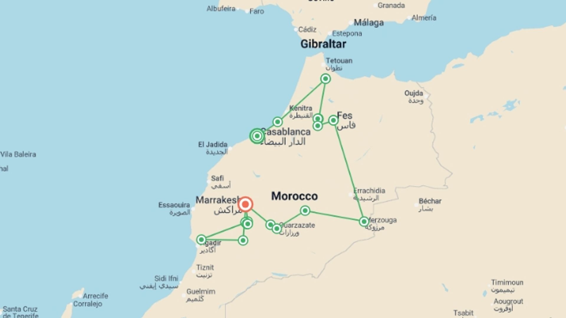 A map showing the tour itinerary for the trip: Morocco Adventure, starting in Casablanca, Morocco and ending in Marrakech, Morocco going through 12 other destinations.