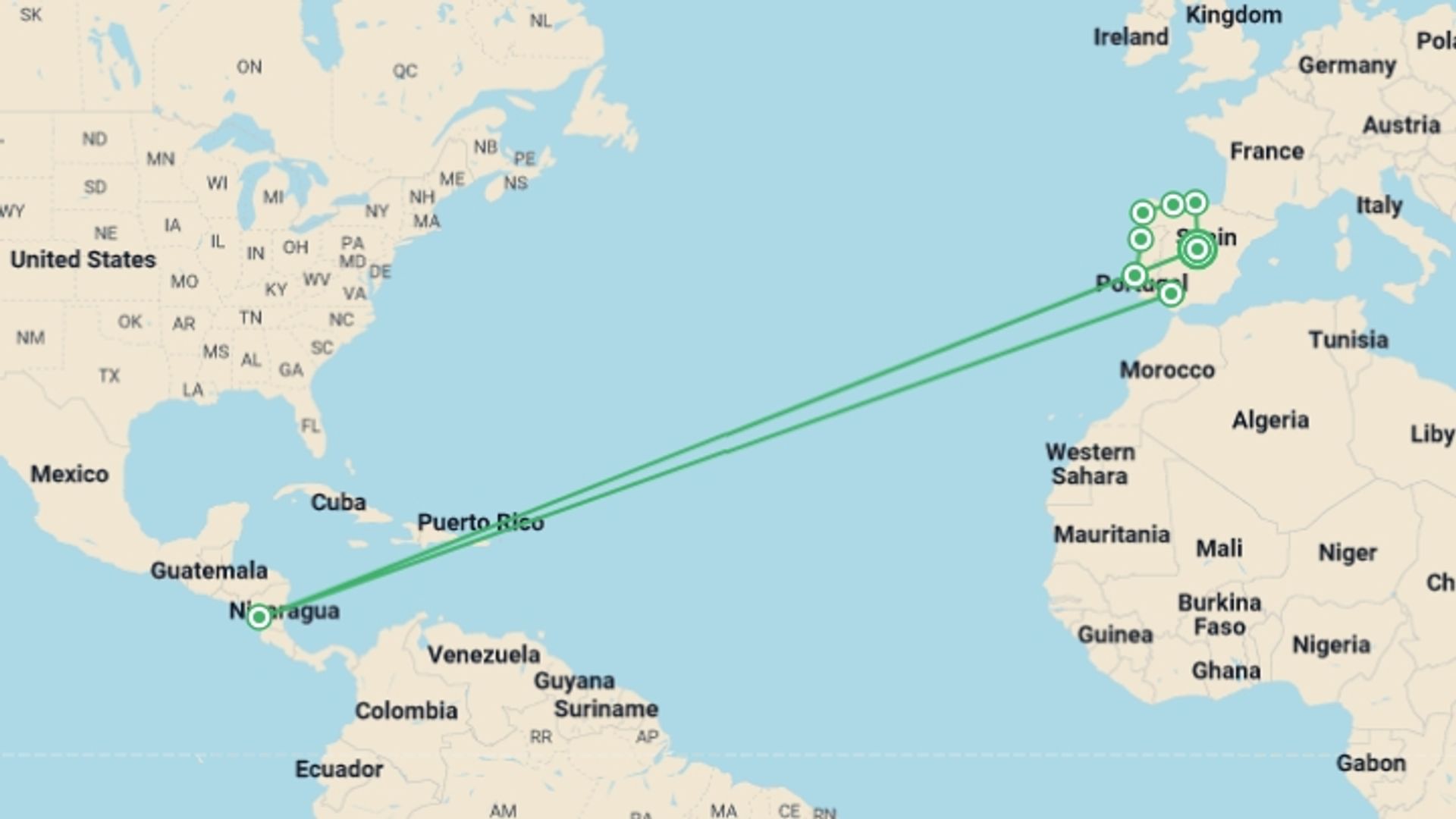 A map showing the tour itinerary for the trip: Madrid, Portugal and North of Spain, starting in Madrid, Spain and ending in Madrid, Spain going through 7 other destinations.
