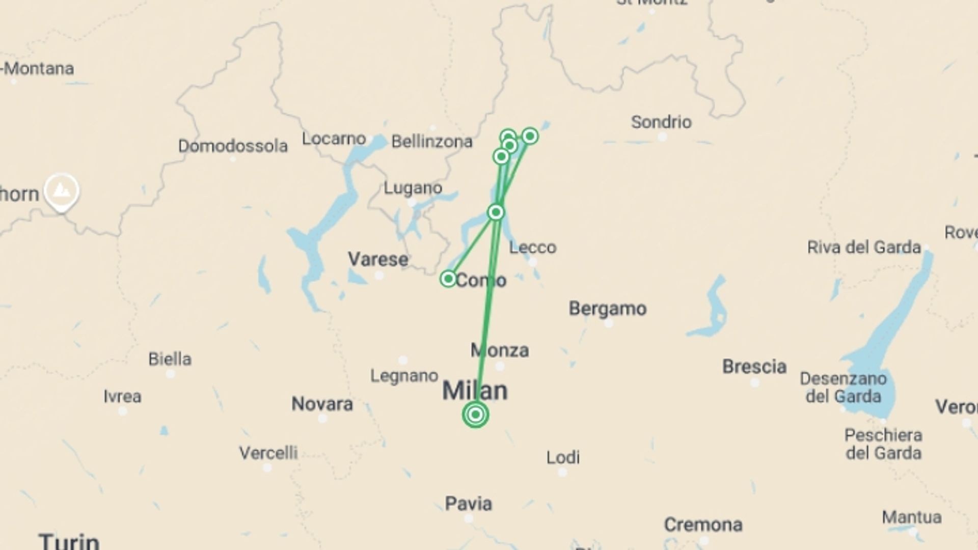 A map showing the tour itinerary for the trip: Lake Como Walking, starting in Milan, Italy and ending in Milan, Italy going through 6 other destinations.
