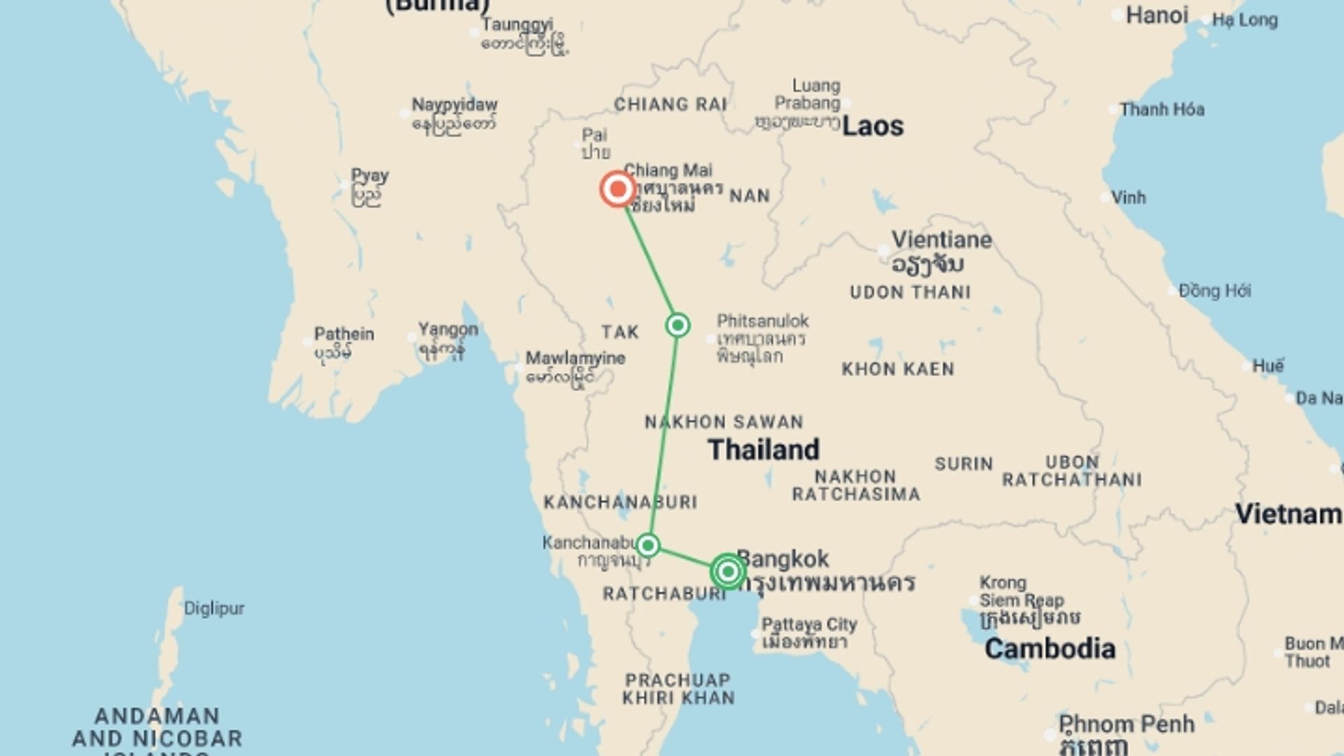 A map showing the tour itinerary for the trip: Treasures of Thailand, starting in Bangkok, Thailand and ending in Chiang Mai, Thailand going through 2 other destinations.