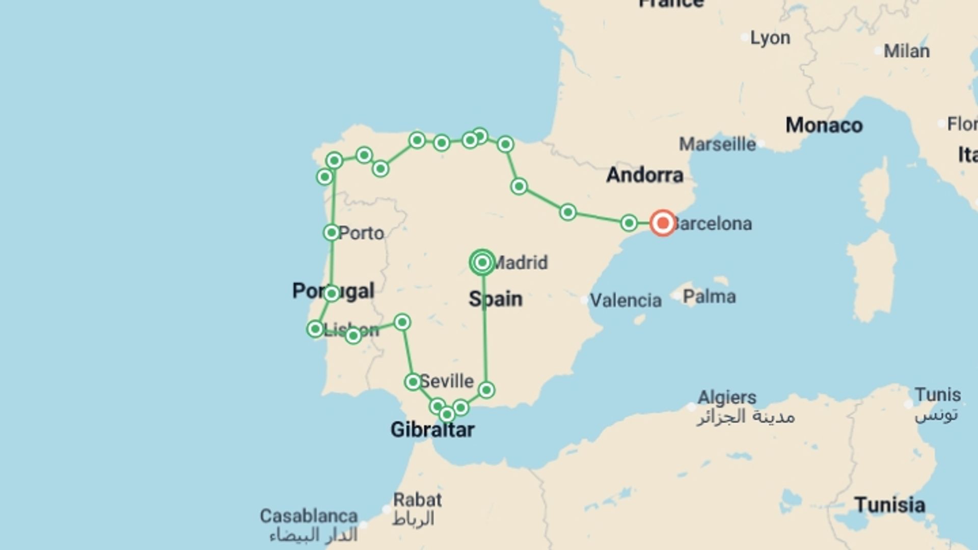 A map showing the tour itinerary for the trip: Treasures from Spain and Portugal, starting in Madrid, Spain and ending in Barcelona, Spain going through 8 other destinations.