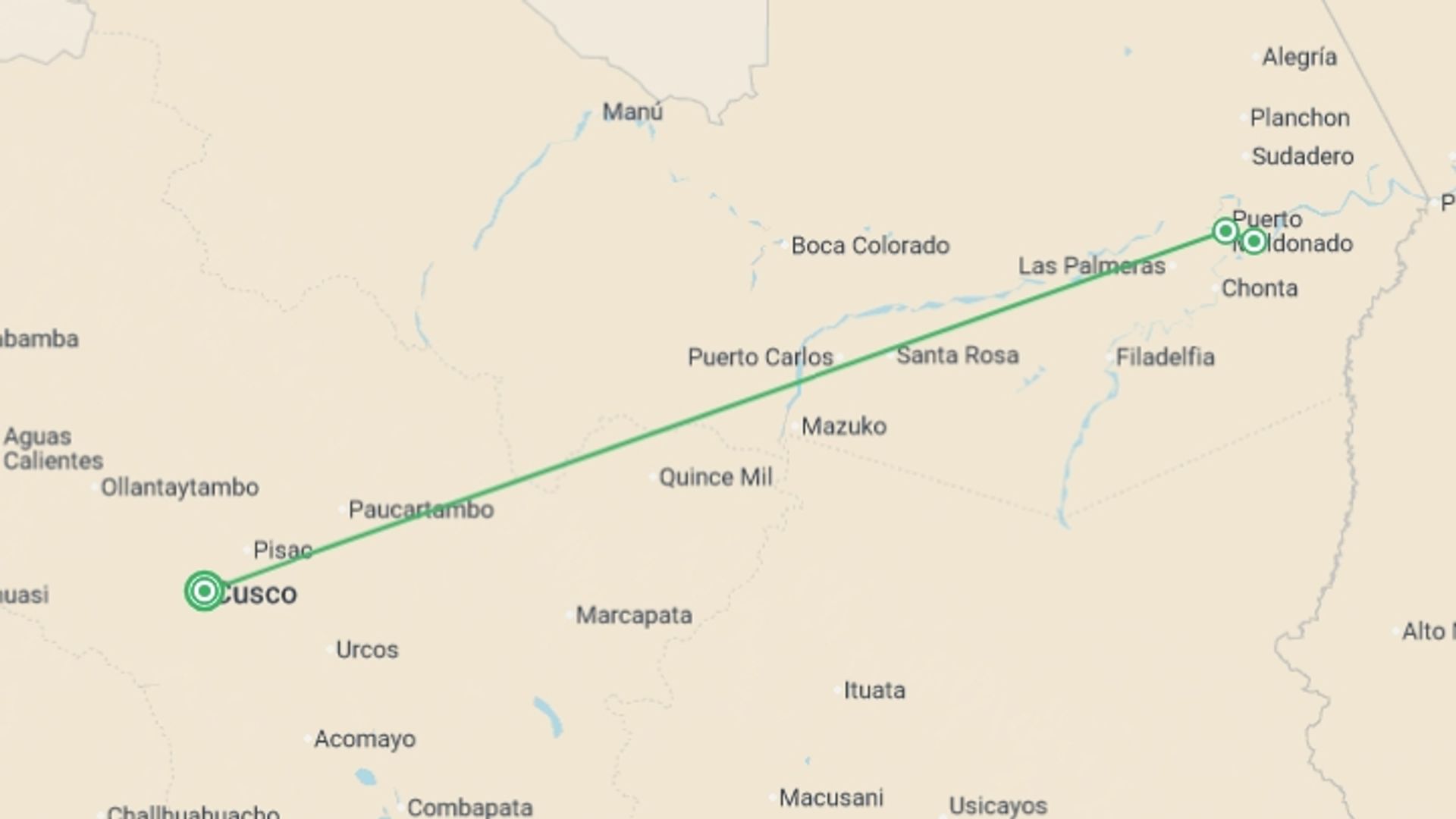 A map showing the tour itinerary for the trip: Puerto Maldonado Amazon Eco-Lodge 5D/4N (from Cuzco), starting in Cusco, Peru and ending in Cusco, Peru going through 1 other destinations.