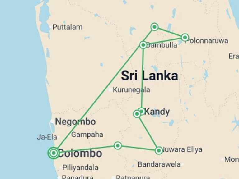 Map itinerary of Sri Lanka Tour in March 2027 with 5 destination visits for the trip: Cultural Highlights Of Sri Lanka 6 Days, Private Tour