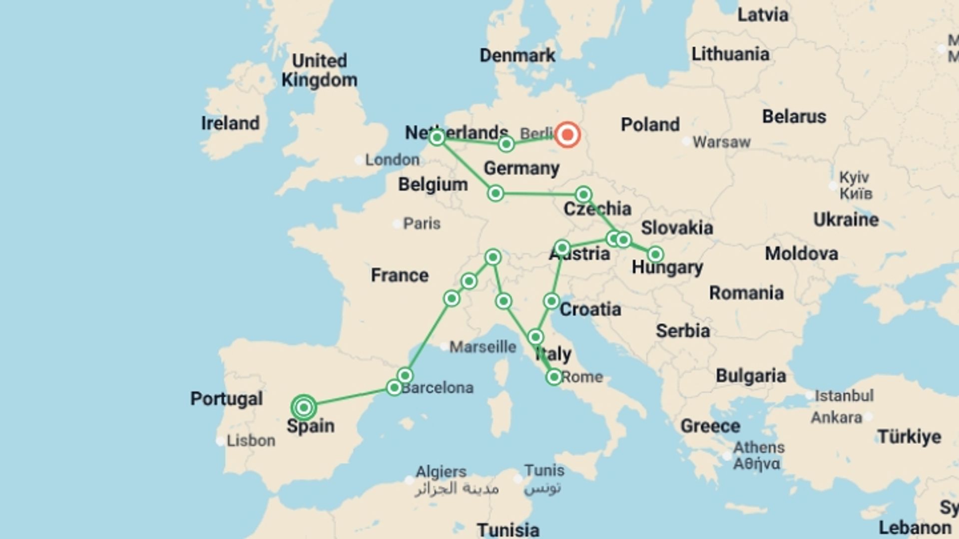 A map showing the tour itinerary for the trip: Europe in Depth, starting in Madrid, Spain and ending in Berlin, Germany going through 15 other destinations.