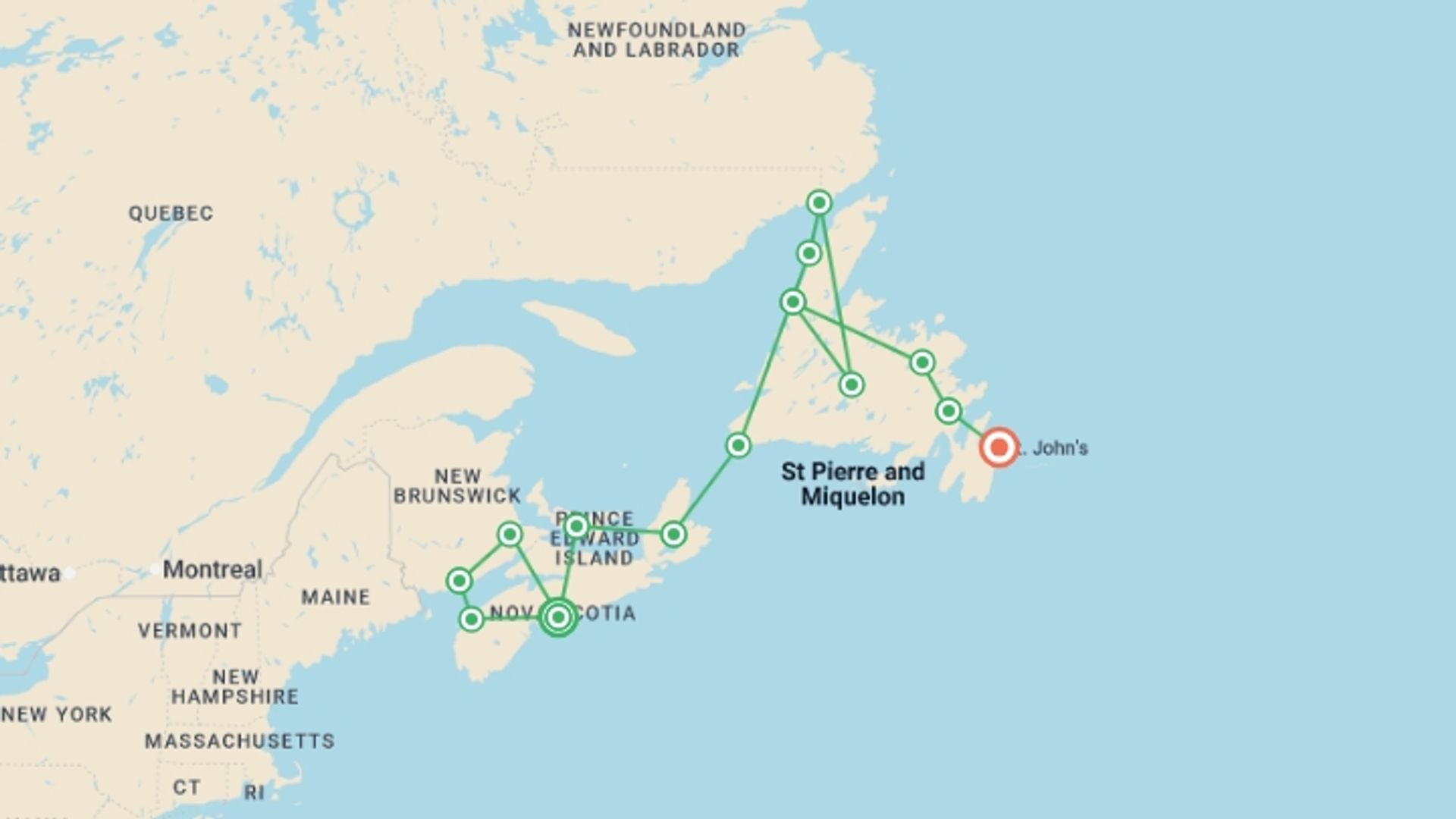 A map showing the tour itinerary for the trip: Atlantic Canada Encompassed (Small Group) - 23 days, starting in Halifax, Canada and ending in St. John's, Canada going through 12 other destinations.