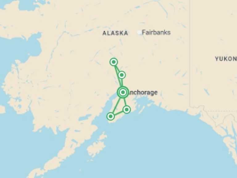 Map itinerary of North America Tour in Summer with 5 destination visits for the trip: Best of Alaska - 10 days