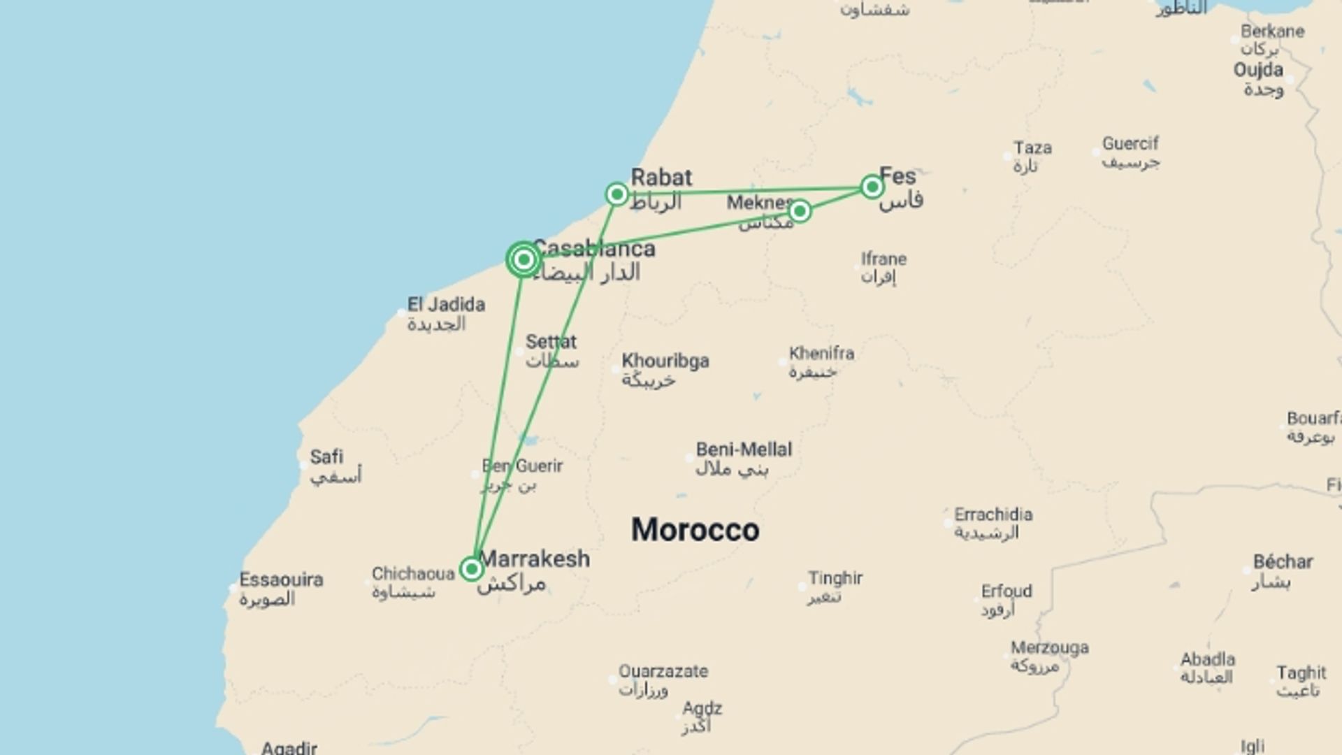 A map showing the tour itinerary for the trip: Casablanca to Fes & Marrakech - 8 days , starting in Casablanca, Morocco and ending in Casablanca, Morocco going through 2 other destinations.