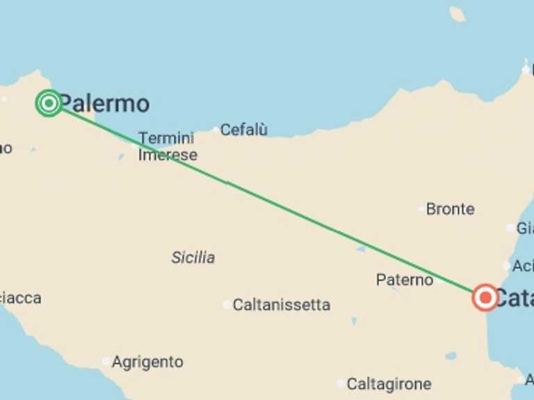 Map itinerary of Mediterranean Tour in July 2026 with 2 destination visits for the trip: Sicily Essence: 5 Days From Palermo To Catania, Self-drive