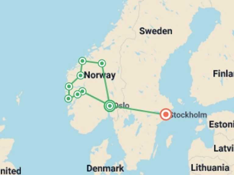 Map of 10-Day Europe Tour with 7 destination visits for the trip: Fjords, Charms, Traditions & Stockholm - 10 days