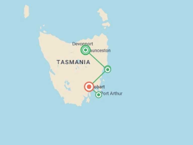 Map of Australia Tour with 5 destination visits for the trip: Tassie Getaway