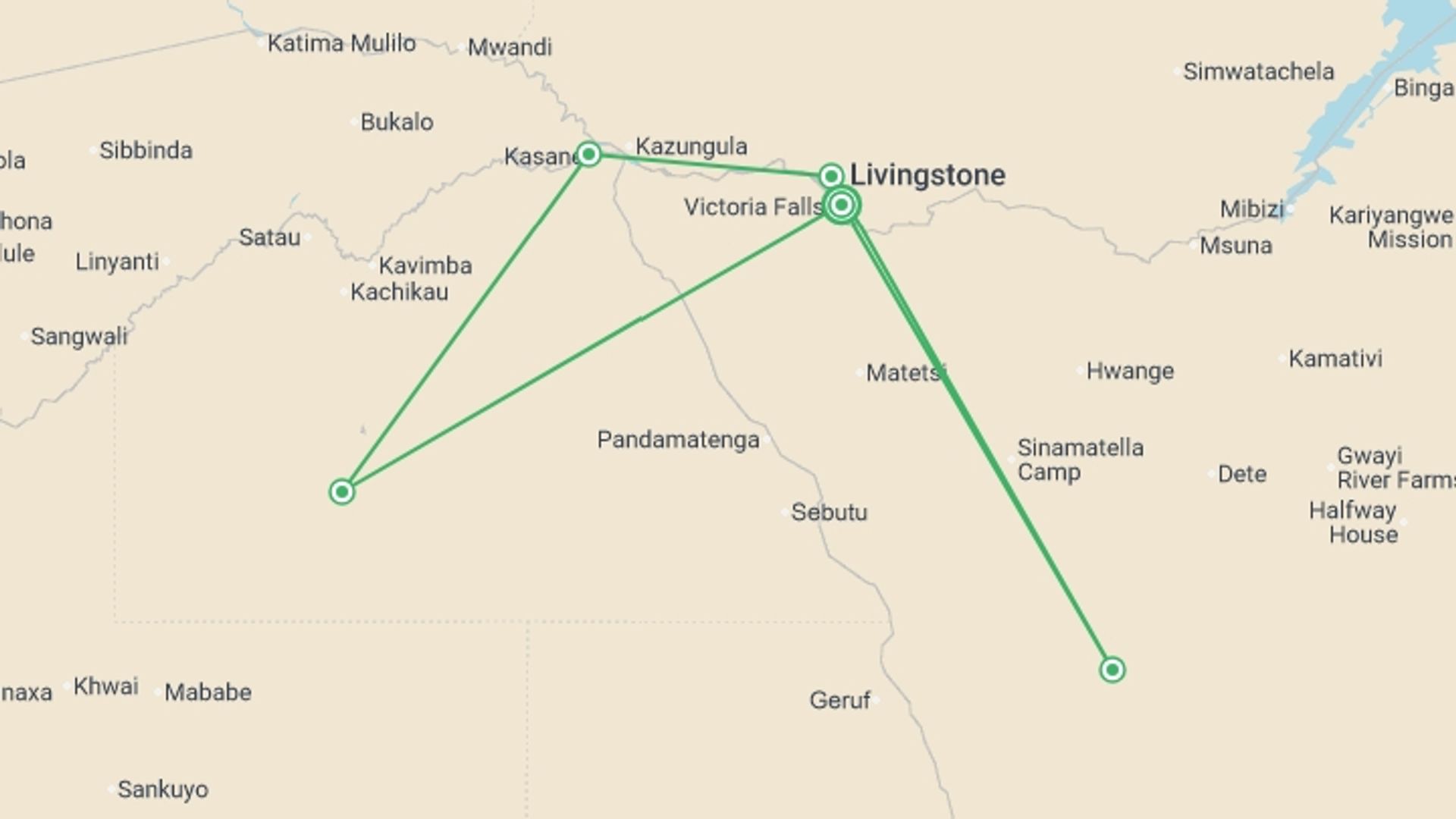 A map showing the tour itinerary for the trip: Hwange, Chobe & Falls - 10 days, starting in Victoria Falls, Zimbabwe and ending in Victoria Falls, Zimbabwe going through 4 other destinations.
